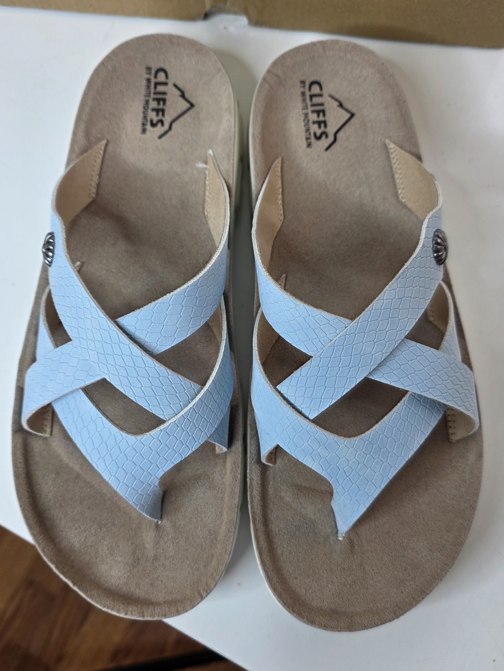 NIB Cliffs By White Mountain Light Blue Textured Cross-Strap Sandals Size 8.5m - Picture 3 of 10